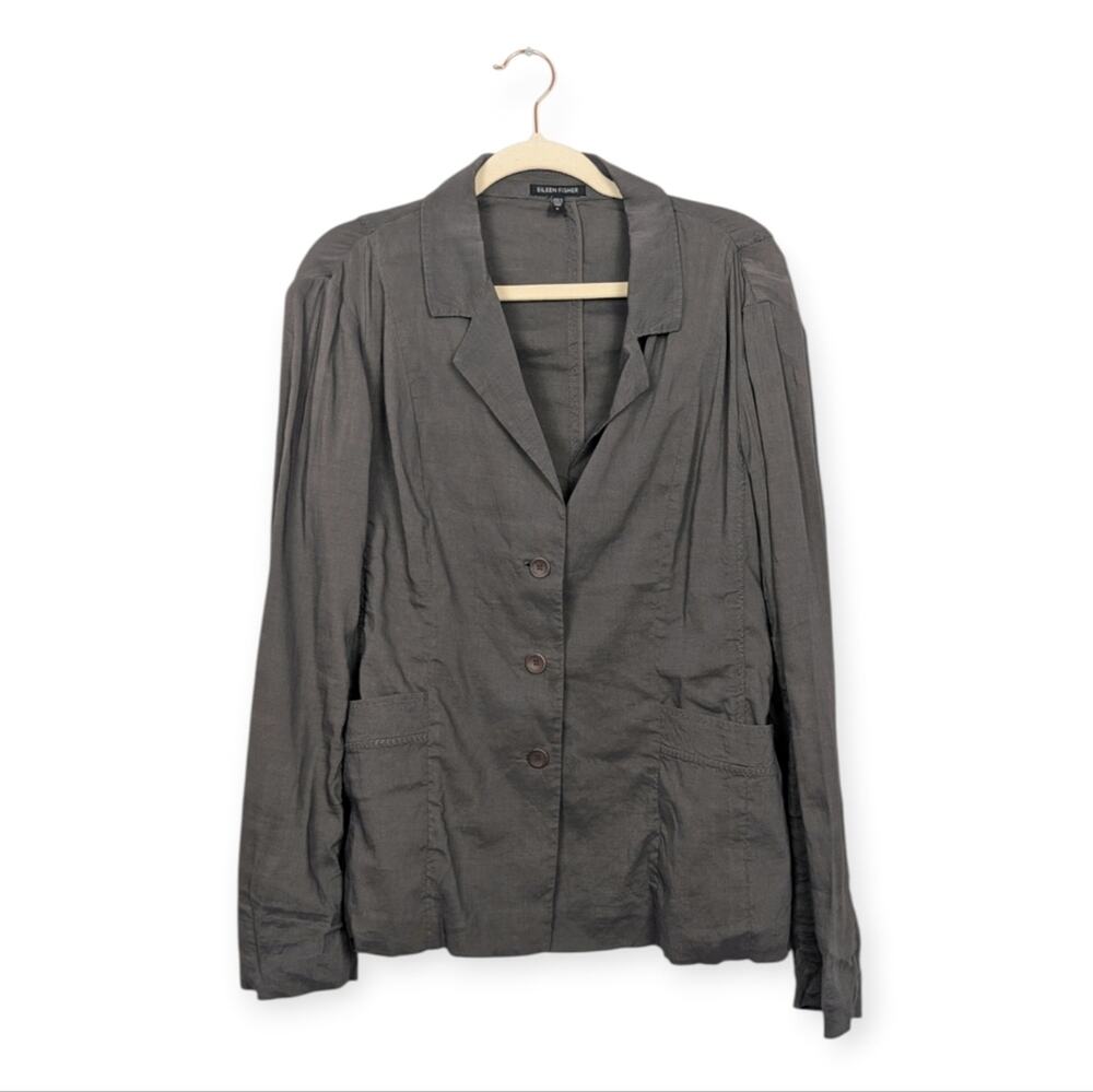Eileen Fisher Blazer 8 Gray Linen Blend Button Front Lightweight Minimalist